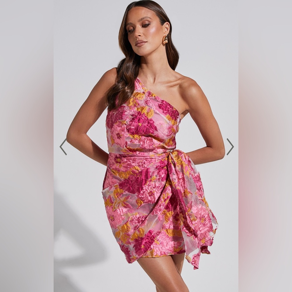 Showpo Brailey Mini Dress - One Shoulder Wrap Front Dress in Pink Jacquard